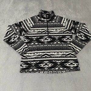 Eddie Bauer Sweater Womens L Black White Aztec 1/4 Zip Mock Neck Fleece Pullover